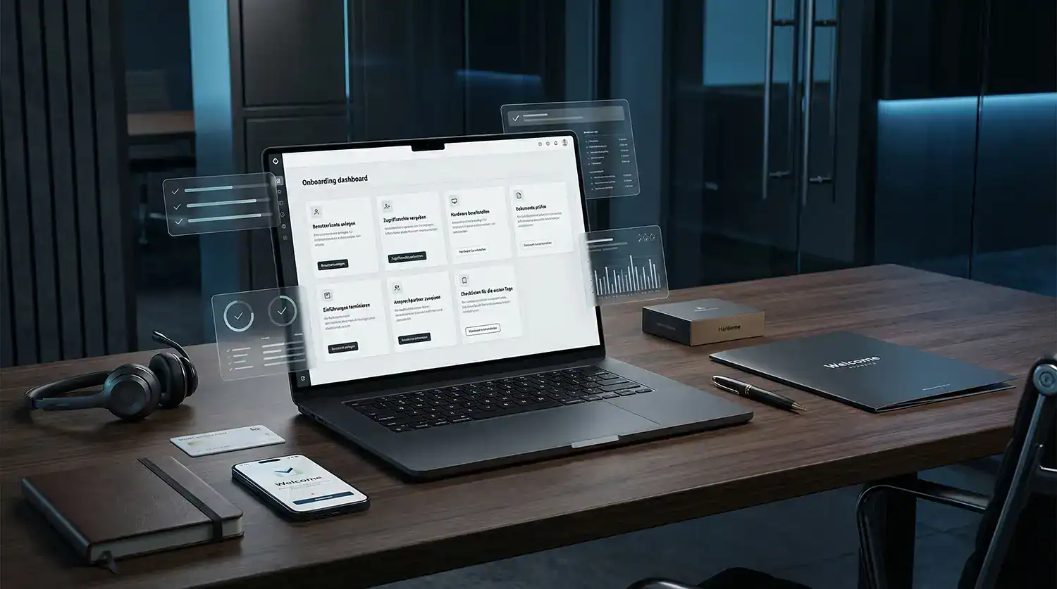Dunkler, moderner Arbeitsplatz für digitales Onboarding mit Laptop, Onboarding-Dashboard, Zugangskarte, Smartphone, Headset, Willkommensmappe und schwebenden UI-Elementen in hochwertiger Tech-Umgebung ohne Personen.