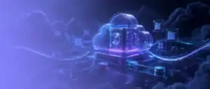 Microsoft 365 Backup: Futuristische Visualisierung eines geschützten Cloud-Backups mit leuchtendem Datentresor, vernetzten Dateisymbolen und neonblauen Datenströmen auf dunklem Hintergrund.