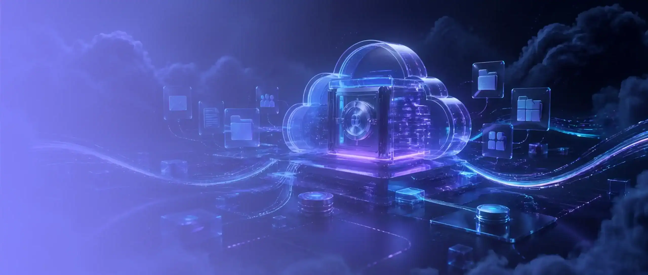 Microsoft 365 Backup: Futuristische Visualisierung eines geschützten Cloud-Backups mit leuchtendem Datentresor, vernetzten Dateisymbolen und neonblauen Datenströmen auf dunklem Hintergrund.