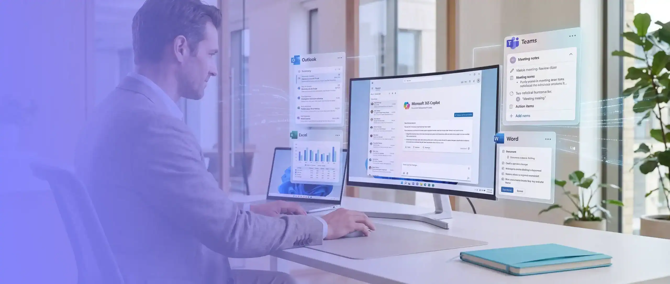 Microsoft 365 Copilot: Mann im modernen Büro am Schreibtisch vor Monitor mit Microsoft 365 Copilot sowie eingeblendeten Ansichten aus Outlook, Excel, Word und Teams.