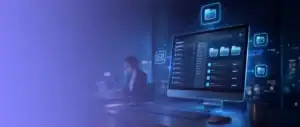 E-Mail-Archivierung: Neonartiges Hero-Bild zur E-Mail-Archivierung mit großem Monitor, digitaler Mailoberfläche, leuchtenden Ordnersymbolen und unscharfer arbeitender Person im Hintergrund.