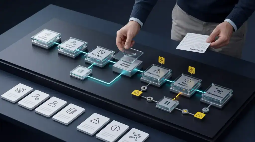 Prozessautomatisierung: Workflow-Modell zur Prozessautomatisierung mit Prüfschritten für Ziel, Rollen, Datenbasis, menschliche Entscheidung, Ausnahmen und Fehlerbehandlung.