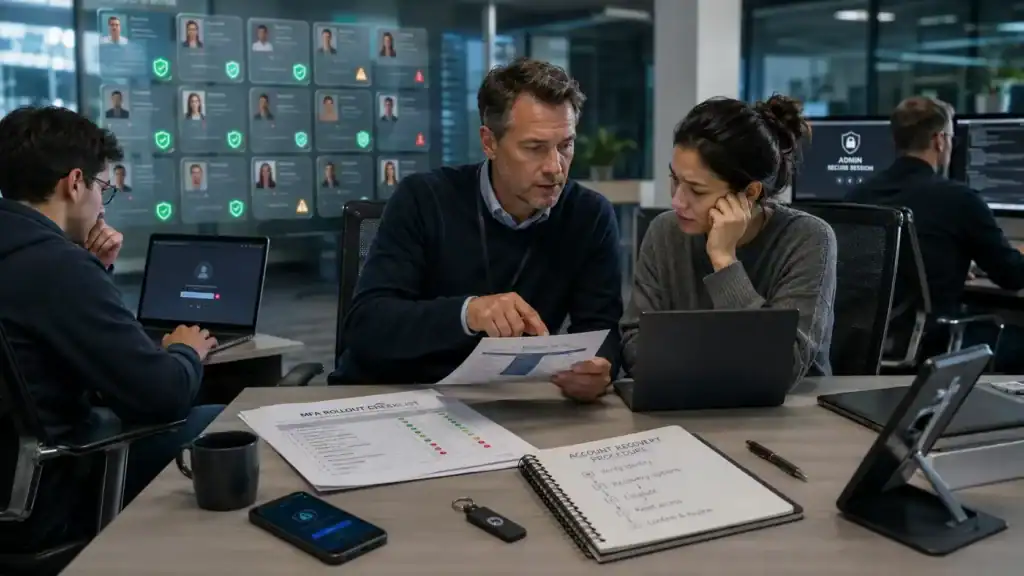 IT-Team prüft eine MFA-Einführung mit Rollout-Checkliste, Wiederherstellungsprozess, Benutzerstatus und gesicherter Admin-Sitzung.
