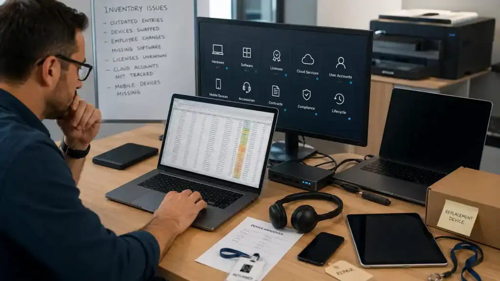 IT-Asset-Management: IT-Verantwortlicher prüft eine veraltete Geräteinventar-Liste mit Laptops, Smartphone, Tablet, Ersatzgerät, Lizenzen und Cloud-Diensten.