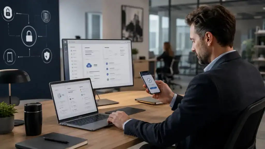 Mitarbeiter bestätigt eine Multi-Faktor-Authentifizierung am Smartphone während Microsoft-365-Dienste auf Laptop und Monitor geöffnet sind.