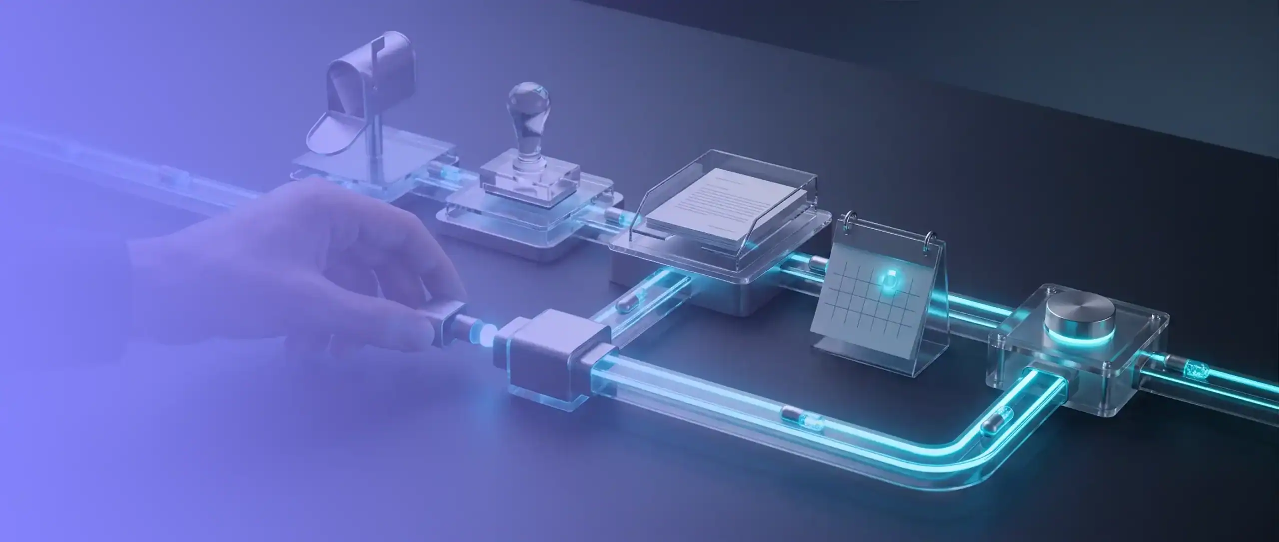 Prozessautomatisierung: Physisches Workflow-Modell zeigt Prozessautomatisierung mit digitalen Freigaben, Dateiablage, Erinnerungen und Datenübergaben.