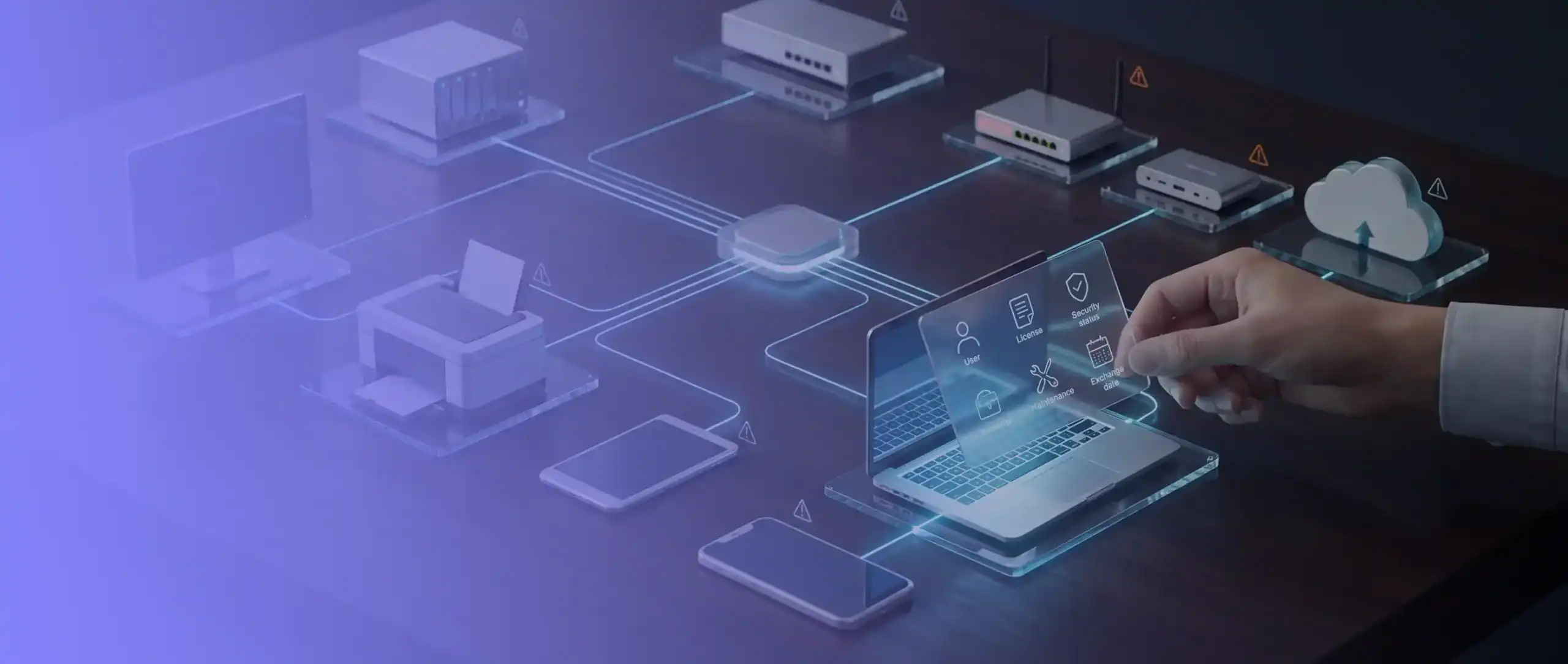 IT-Asset-Management-Modell mit vernetzten Unternehmensgeräten, zentralem Inventar-Knoten und Asset-Karte für Nutzer, Lizenz, Sicherheit und Wartung.