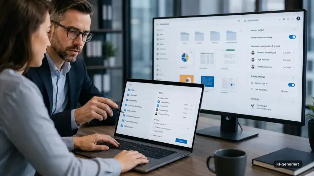 Microsoft 365-Berechtigungen: Zwei Personen prüfen Datei- und Freigaberechte in einer cloudbasierten Dokumentenverwaltung mit kontrolliertem Zugriff auf externe Nutzergruppen.