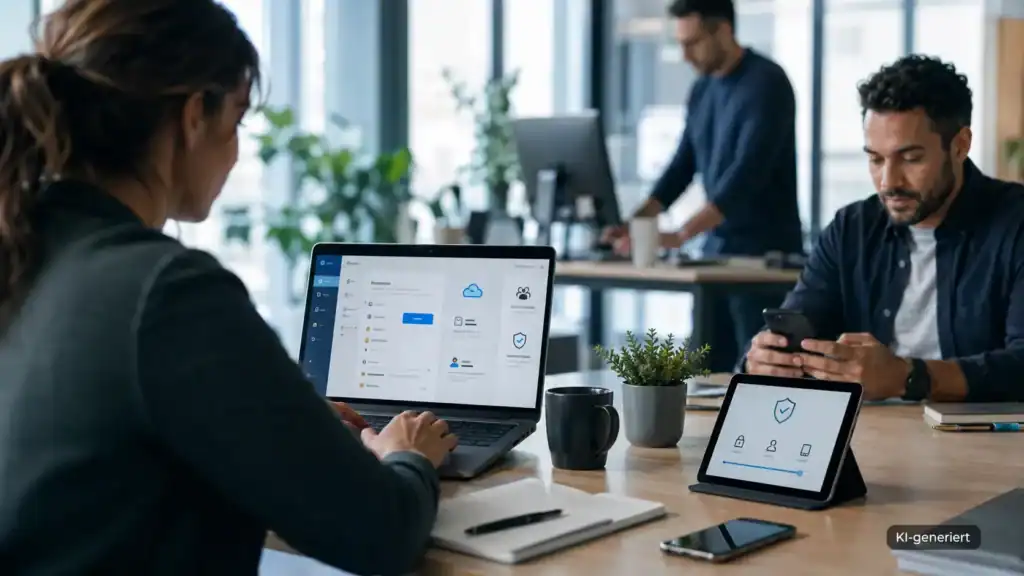Microsoft Defender for Business: Mitarbeitende nutzen Laptop, Tablet und Smartphone in einer modernen Microsoft-365-ähnlichen Arbeitsumgebung mit zentralen Sicherheits- und Geräteschutzfunktionen.