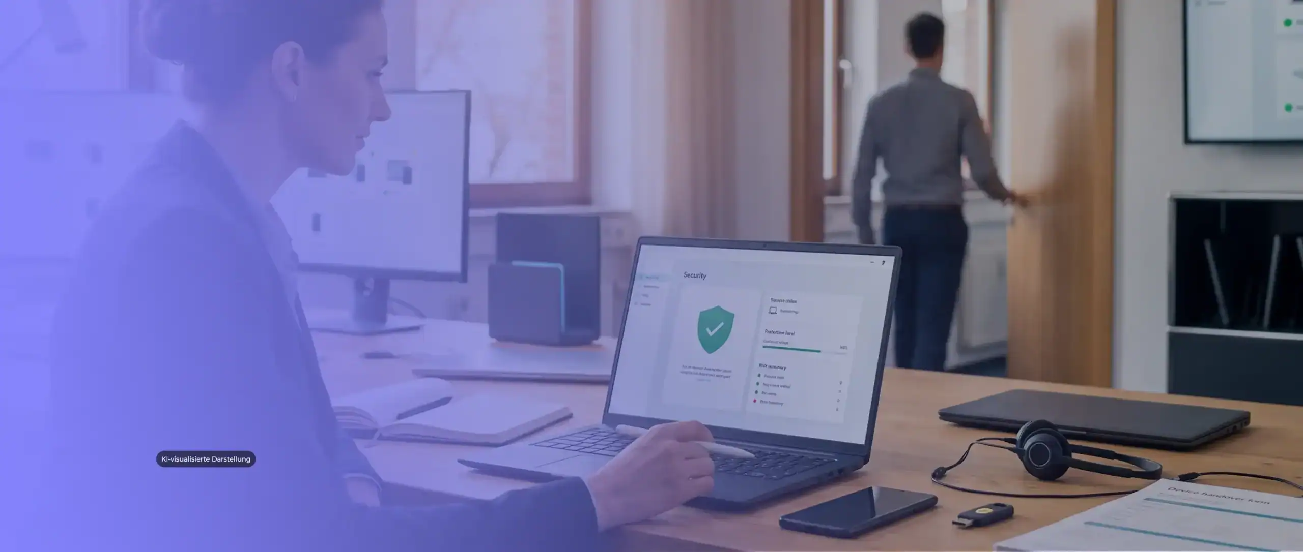 Microsoft Defender for Business: KI-visualisierte Darstellung einer IT-Verantwortlichen, die den Sicherheitsstatus eines Firmen-Notebooks mit weiteren Unternehmensgeräten prüft.
